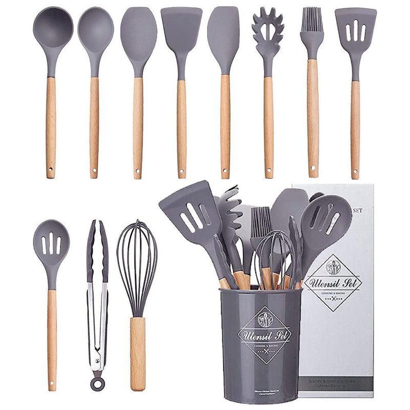 Kit 12 Utensílios de Cozinha Premium de Silicone com Cabo de Madeira