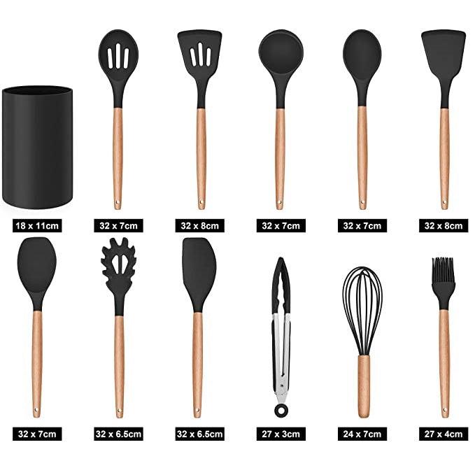 Kit 12 Utensílios de Cozinha Premium de Silicone com Cabo de Madeira